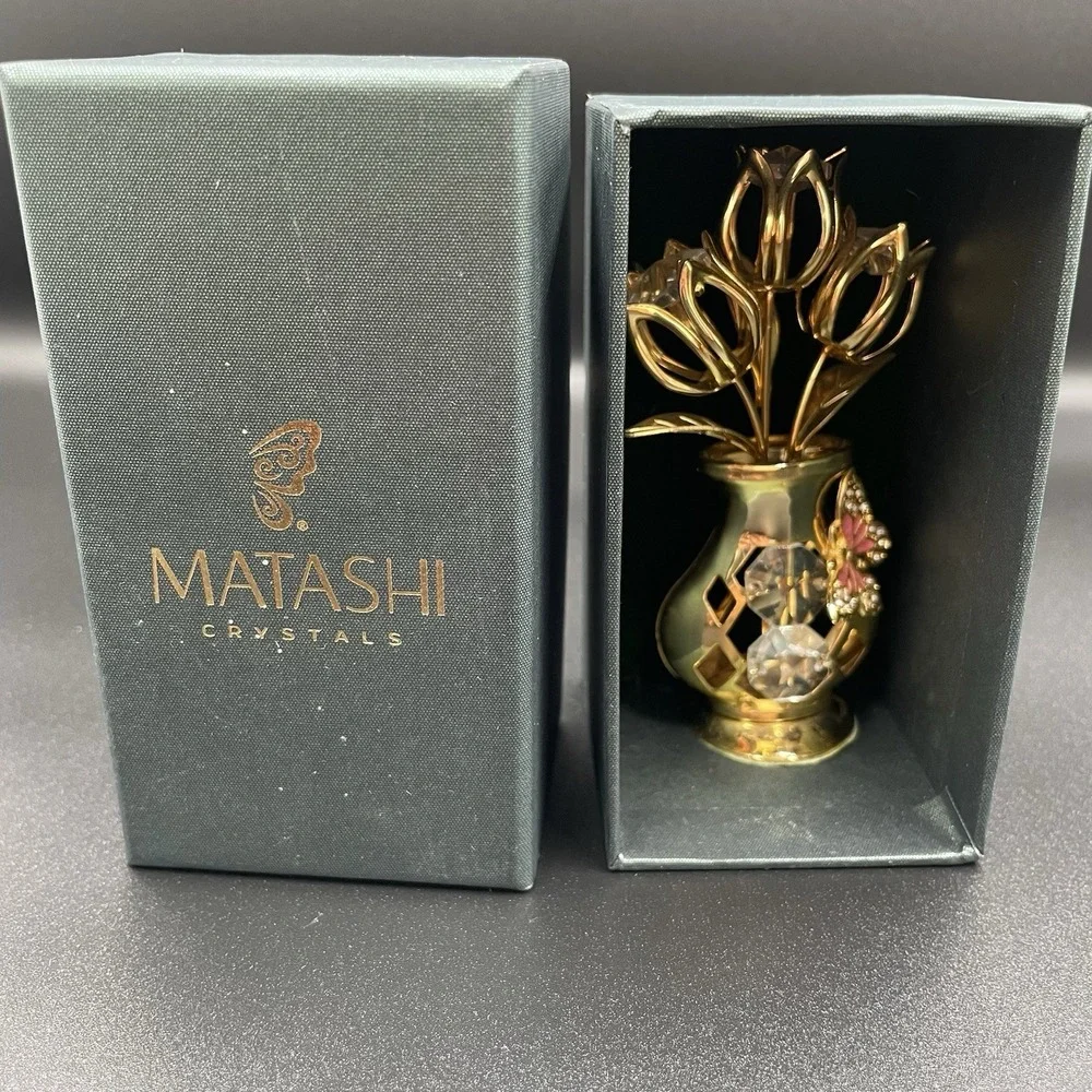 Matashi 24K Gold Plated Crystal Studded Tulip‎ Flower Bouquet Butterfly in Vase